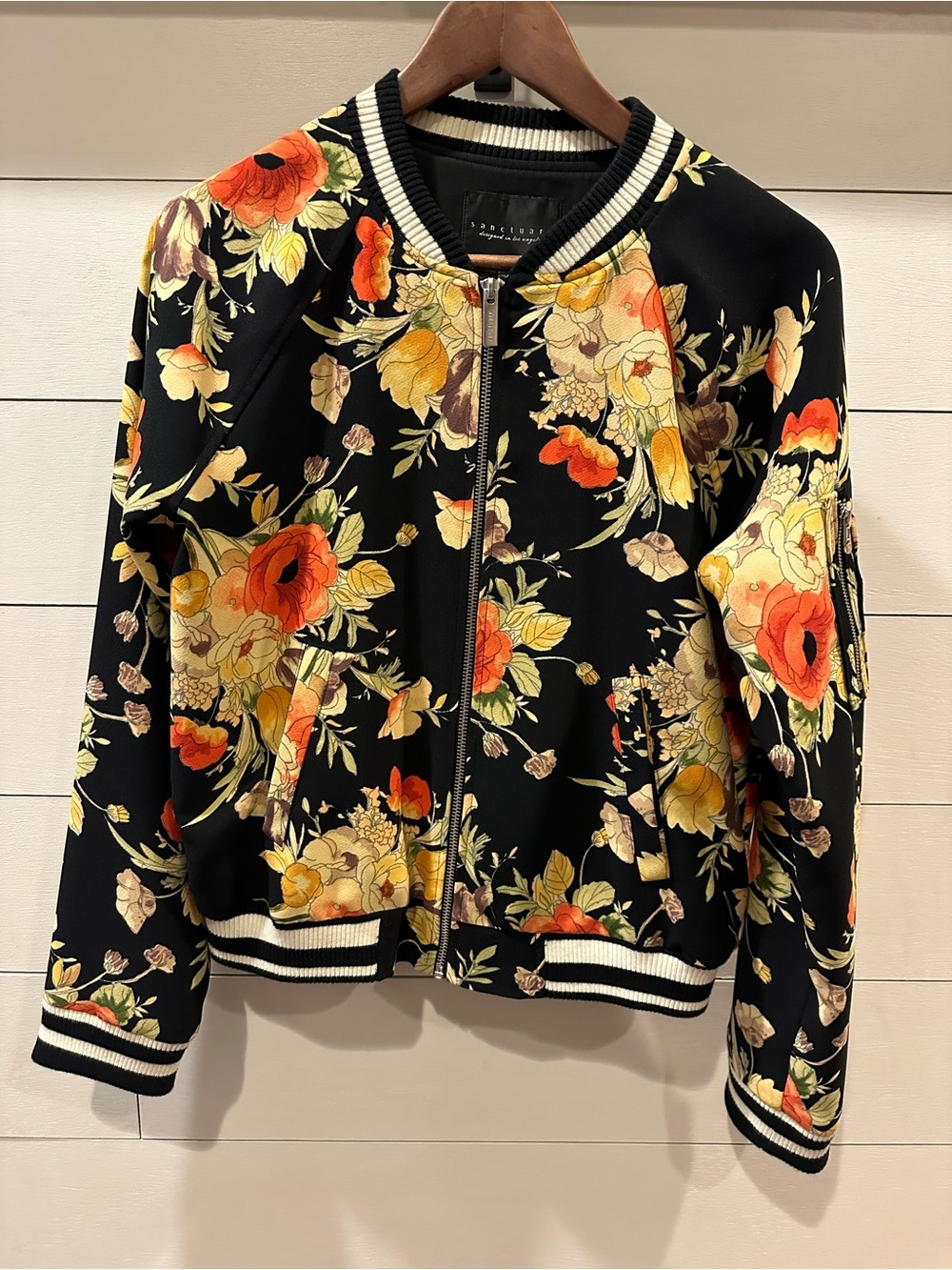 Sanctuary Floral Bomber Jacket - Black with Orange & Yellow Floral Print- Small